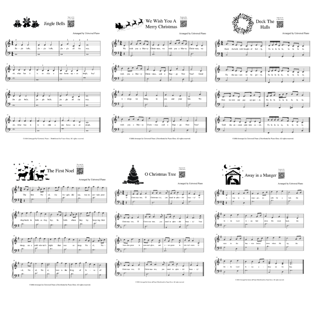 Christmas Piano Songbook – 12 Easy Songs with Notes & QR Video Tutorials