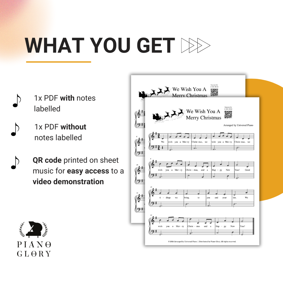 You get a pdf of We Wish You a Merry Christmas with all notes labelled, a pdf of We Wish You a Merry Christmas without notes labelled, and QR code printed on sheet music for easy access to a video demonstration