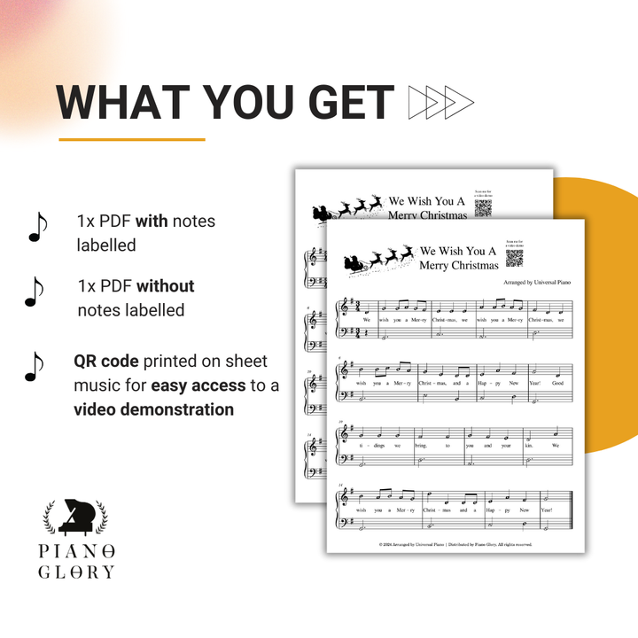 You get a pdf of We Wish You a Merry Christmas with all notes labelled, a pdf of We Wish You a Merry Christmas without notes labelled, and QR code printed on sheet music for easy access to a video demonstration