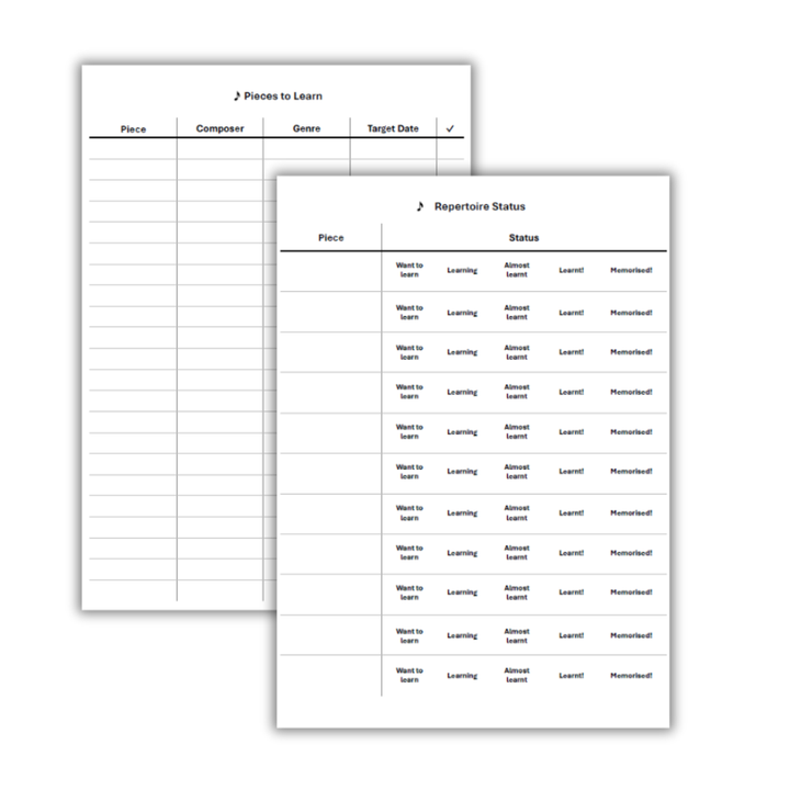 Sheets and templates to help track music practice goals