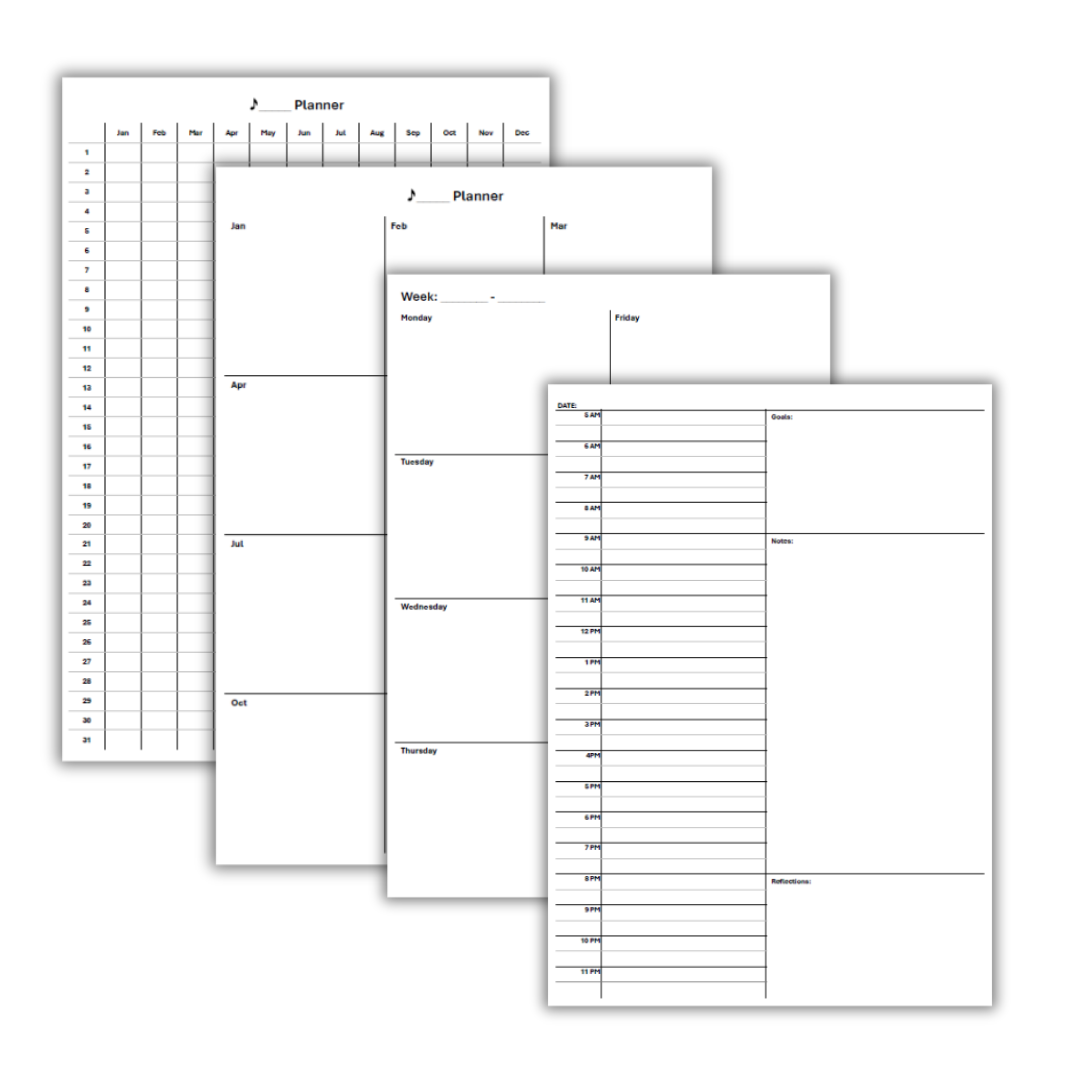 Yearly planner, monthly planner, weekly planner, daily planner to help me track my music practice